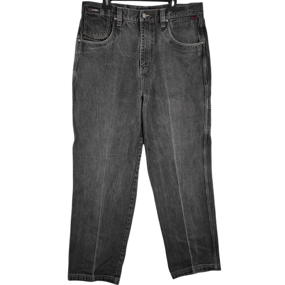 Vintage Black Denim FUBU Baggy Skater HipHop Jeans 90s Y2K 40x34 (Act. 39x32)
